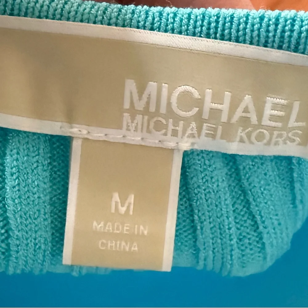 Michael Kors Ribbed Stretch Knit Midi Dress – Turquoise (With MK Chain Belt) - Picture 8 of 8